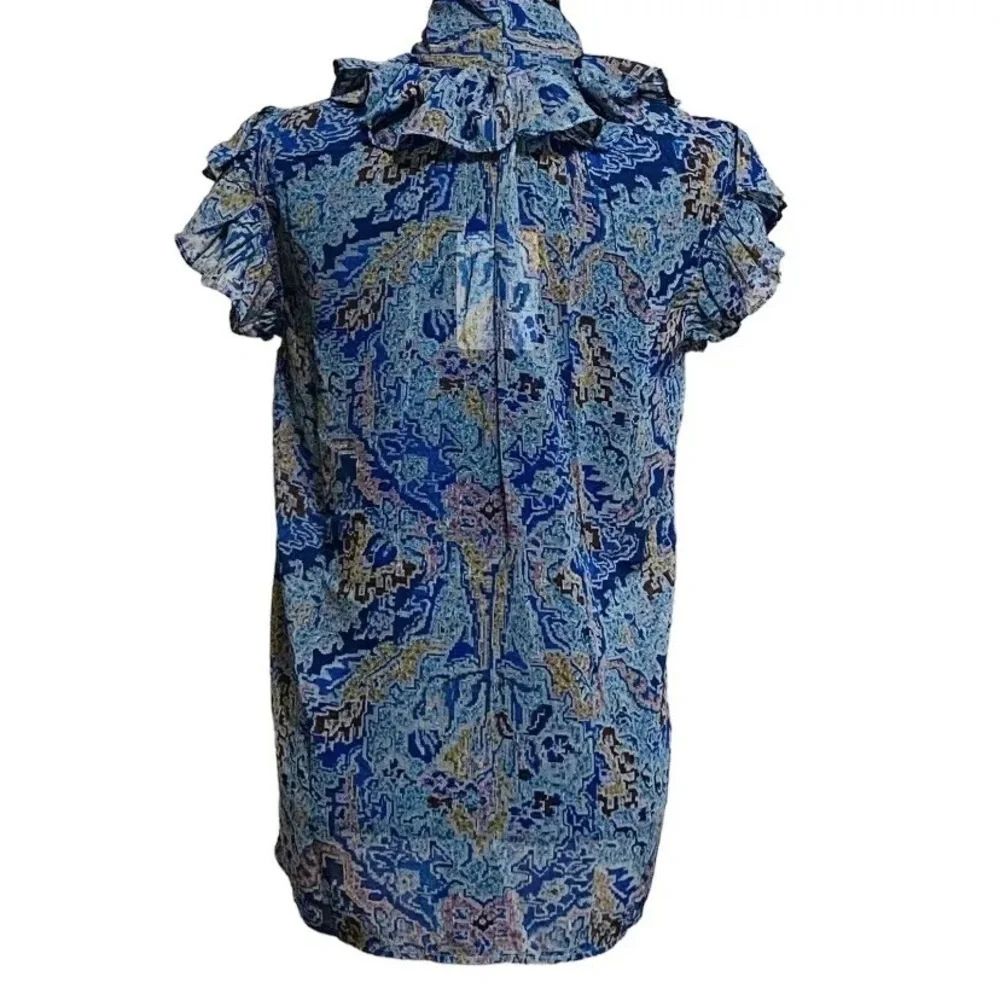 Elan Ava Blue Tapestry Ruffle Sheer Tie Neck Boho Top NWT Size Medium Y2K - Picture 3 of 6
